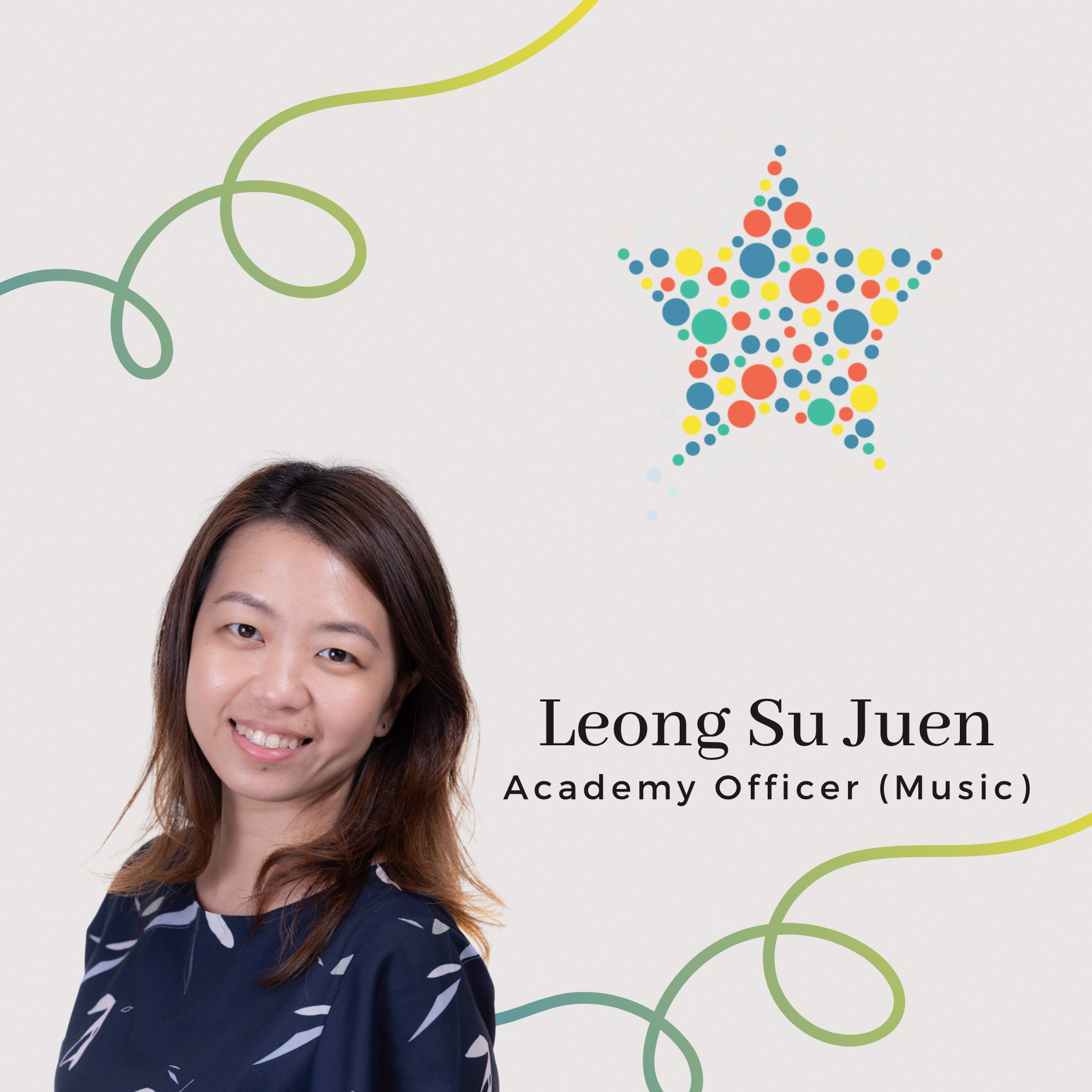 Profile photo of Leong Su Juen, Academy Officer (Music). A portrait of her with shoulder length dark hair, smiling warmly at the camera and wearing a dark blue patterned top.